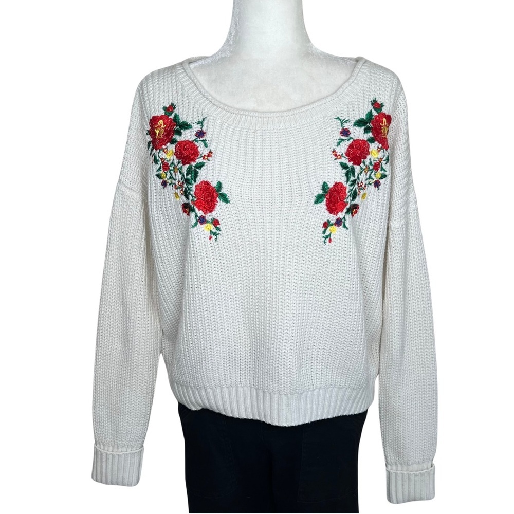 Angel Kiss Sweater Long Sleeve Pullover Floral Embroidery Off White Red Medium M